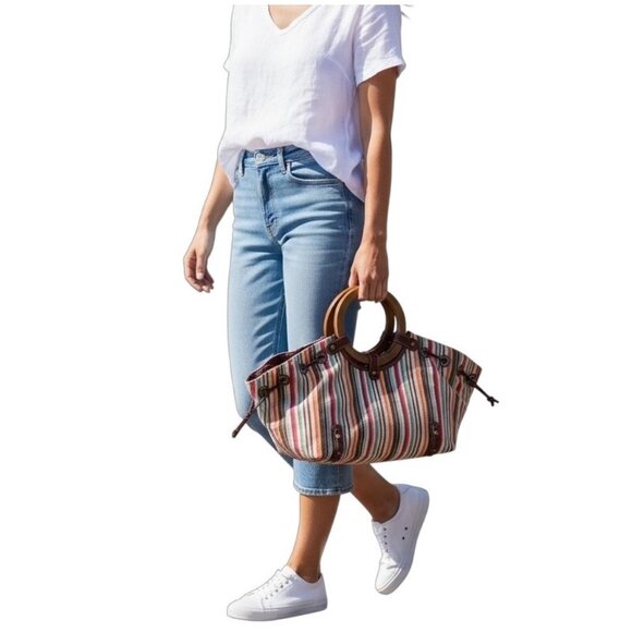 Vintage Striped Canvas & Wood Handle Tote Bag - Picture 1 of 8